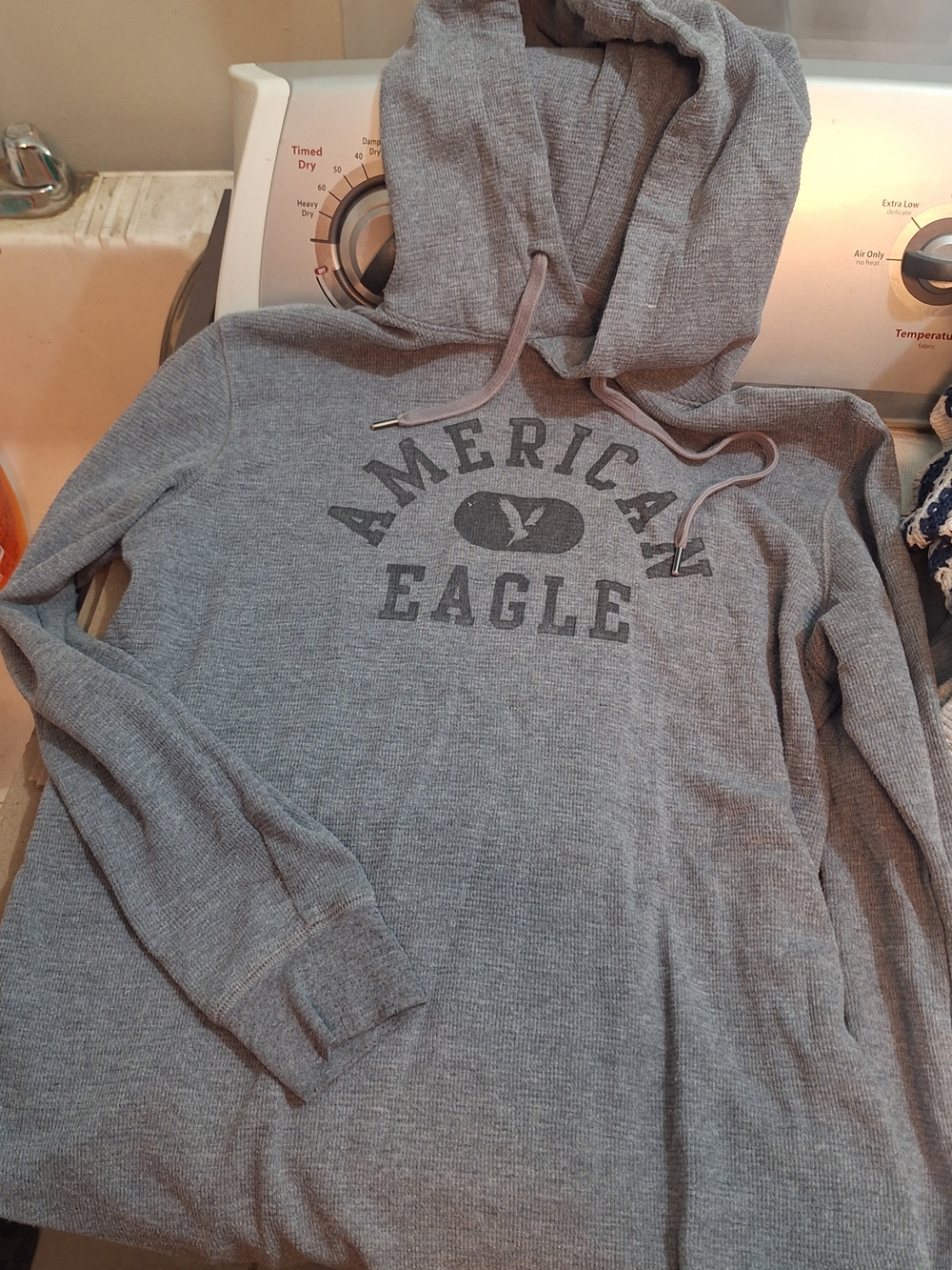 American Eagle Outfitters Gray Hooded Waffle-Knit Pullover with Logo